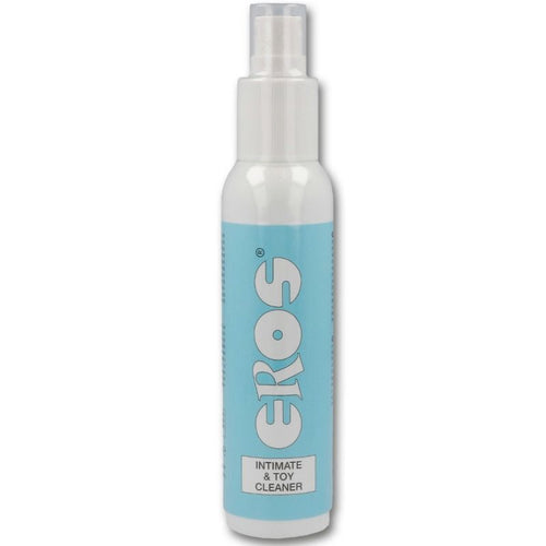 Flacon spray bleu Eros Intimate & Toy Cleaner, vue de face, nettoyant sans alcool a vaporiser et essuyer pour zone intime et jouets