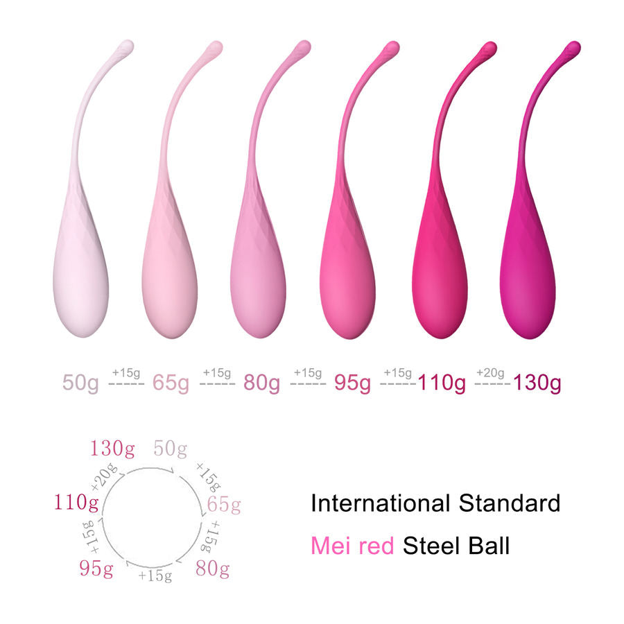 Nuancier des 6 boules de Geisha en silicone du plus leger au plus lourd, de 50 a 130 g, avec roue des poids progressifs et bille acier standard international