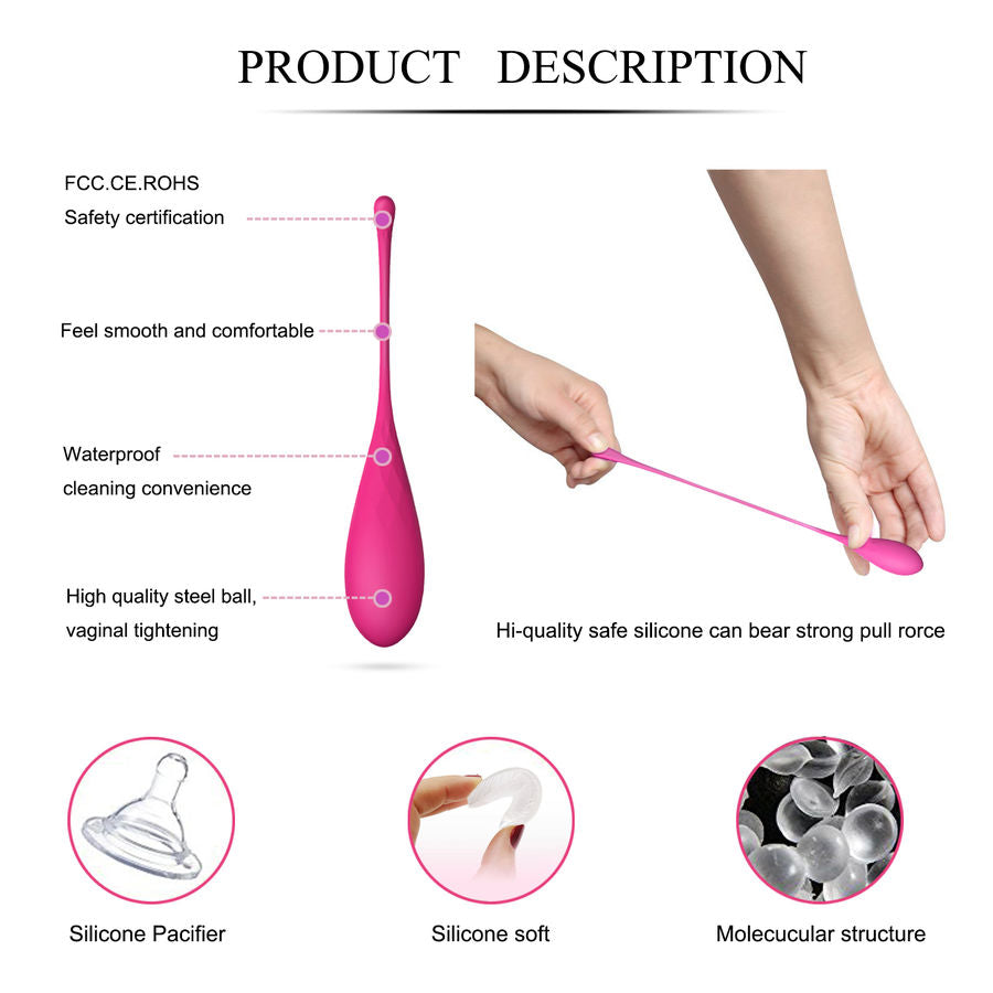 Planche descriptive d une boule de Geisha en silicone rose detaillant la certification, le confort, la resistance a la traction et la structure moleculaire du silicone doux