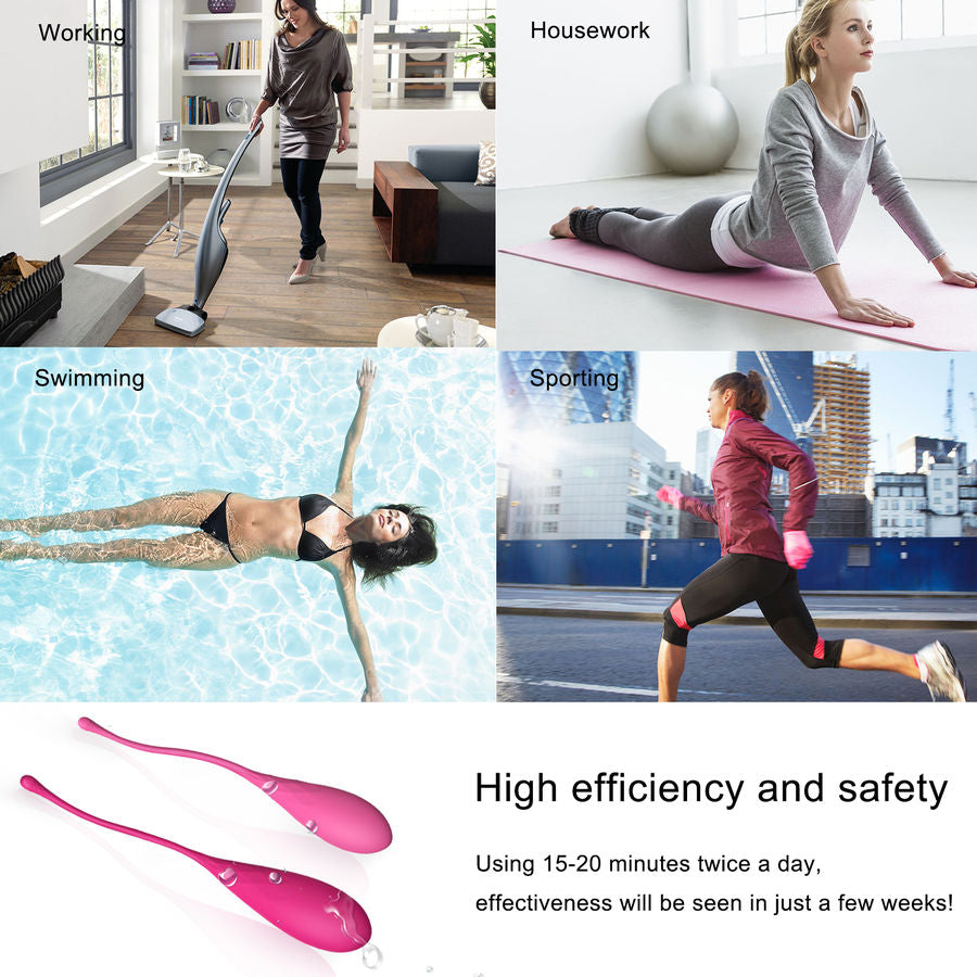 Montage lifestyle de femmes habillees menage sport natation course illustrant l usage quotidien 15-20 minutes des boules de Geisha Leslie pour le plancher pelvien