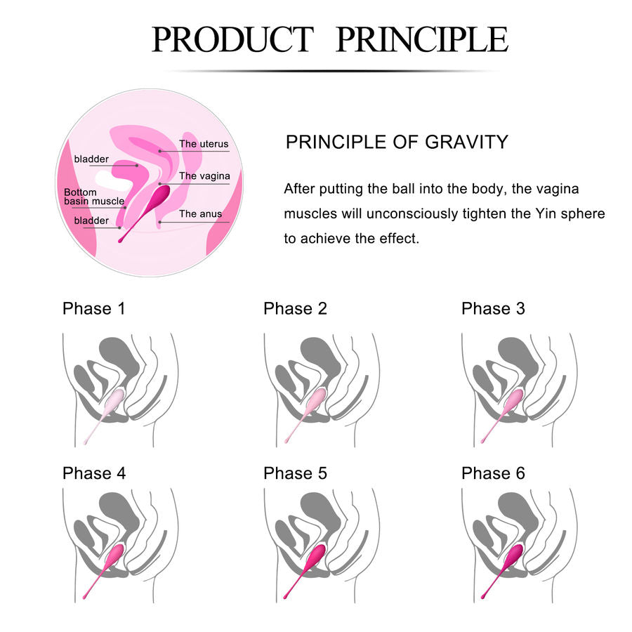 Schema du principe de gravite en 6 phases montrant le placement de la boule de Geisha et la contraction musculaire progressive du plancher pelvien feminin
