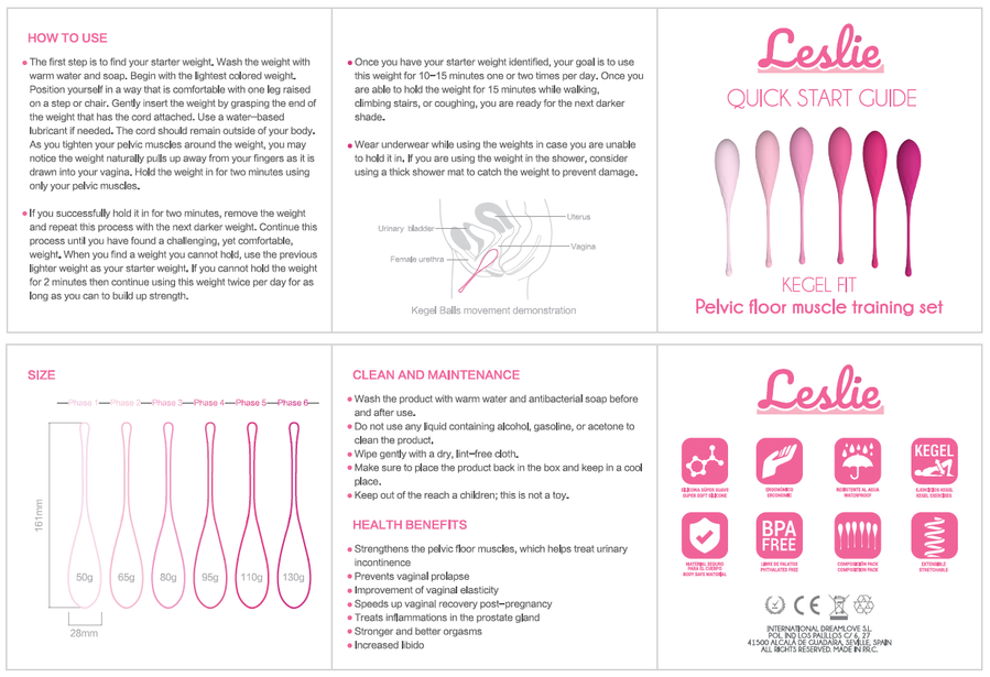 Notice du set de boules de Geisha Leslie avec mode d emploi, entretien, gamme des 6 tailles en silicone et conseils de demarrage rapide pour la reeducation pelvienne