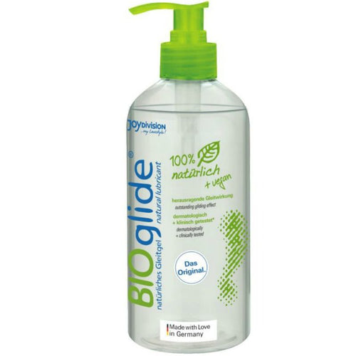 Flacon pompe BIOglide lubrifiant intime base eau Joydivision grand format, vu de face, formule naturelle douce pour usage frequent et prolonge fabrique en Allemagne