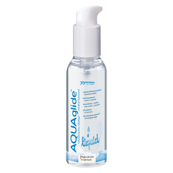 Flacon pompe AQUAglide Liquid lubrifiant base eau Joydivision unidose 125 ml, vu de face, formule cristalline pH equilibre compatible sextoys et preservatifs latex