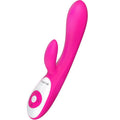Vibrateur lapin Nalone rose vu en diagonale : tige incurvee pour le point G et branche clitoridienne, manche blanc a molette, commande vocale et 7 modes.