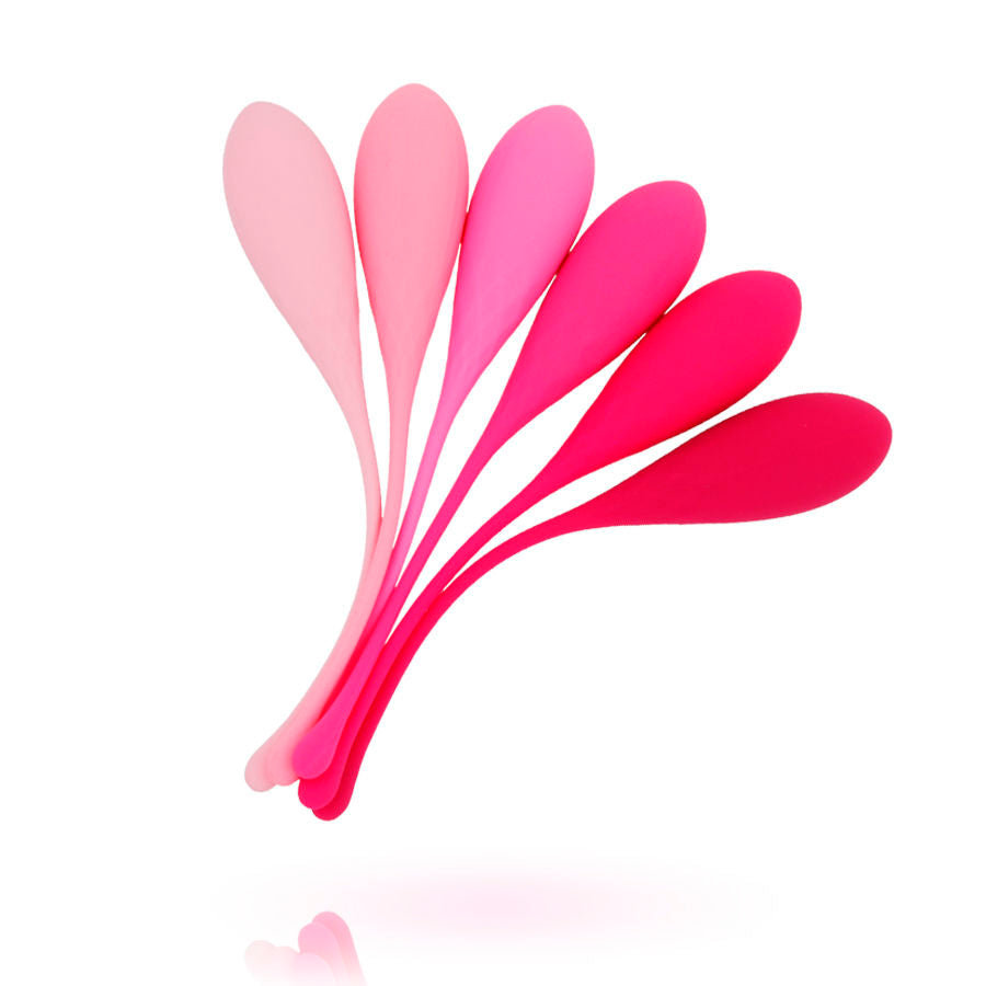 Les 6 boules de Geisha en silicone deployees en eventail, degrade du rose tendre au fuchsia, illustrant la collection complete de poids progressifs Leslie