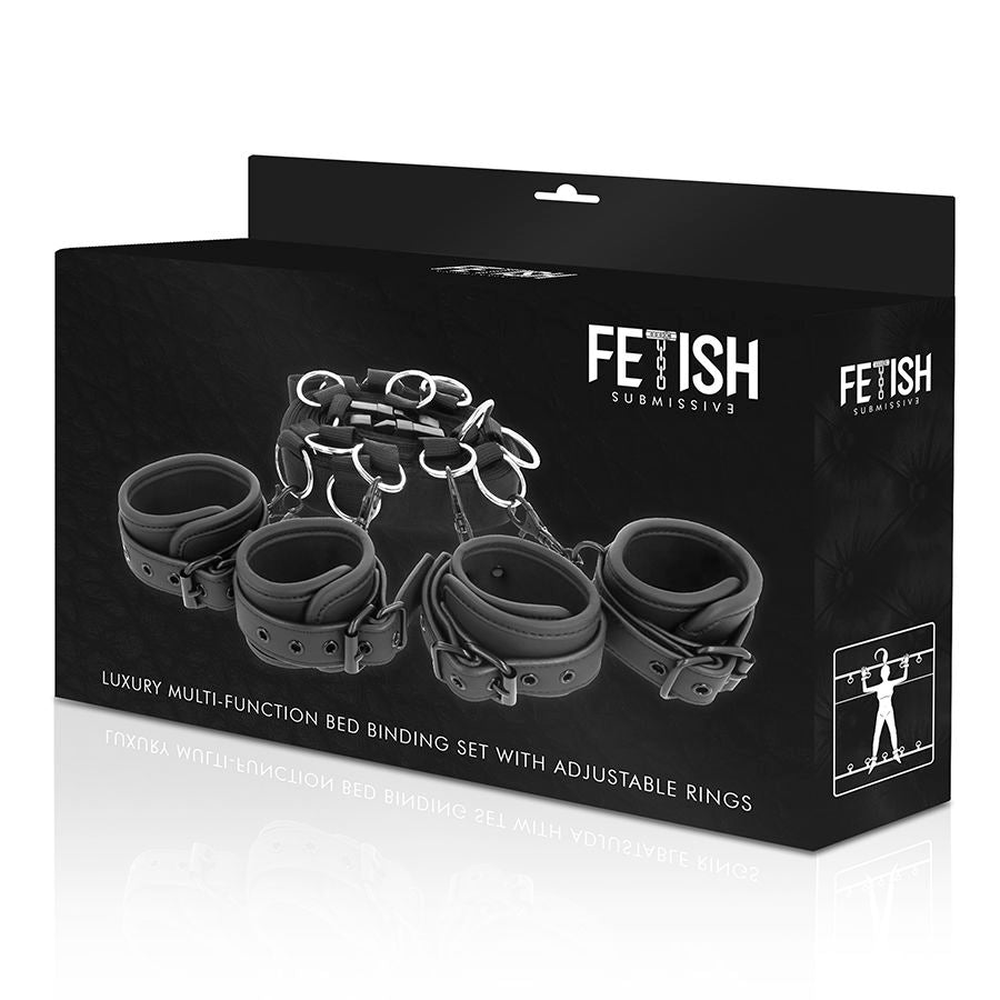 Packaging Luxury Multi-Function Bed Binding Set Fetish Submissive, boite noire montrant le kit de manchettes et sangles a anneaux reglables