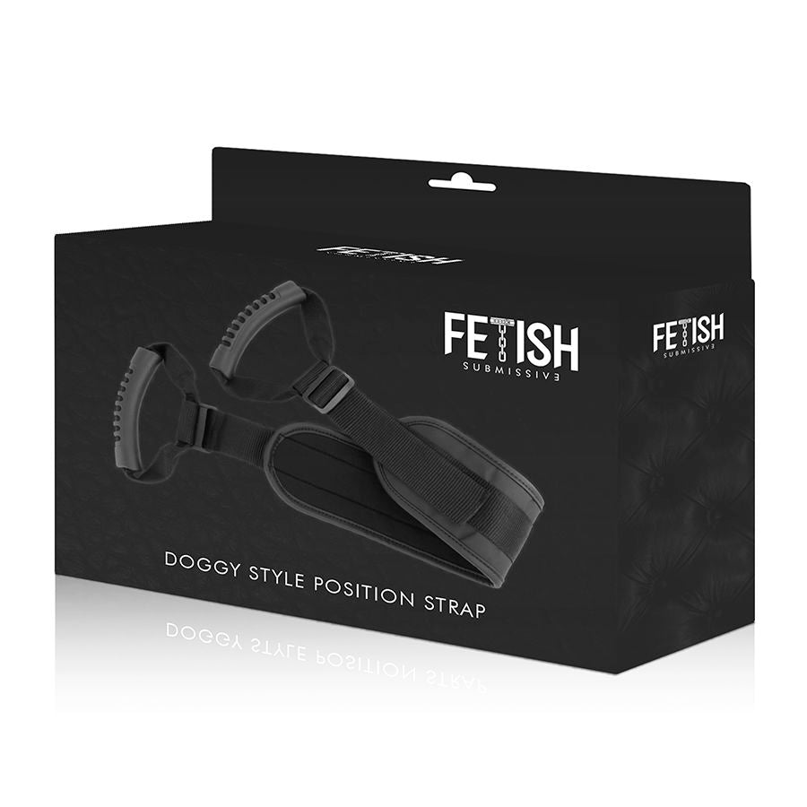 Packaging Doggy Style Position Strap Fetish Submissive, boite noire presentant la sangle de positionnement a poignees, aucun visuel intime