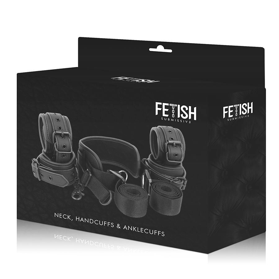 Packaging Neck Handcuffs and Anklecuffs Fetish Submissive, boite noire presentant le harnais maitre col et manchettes neoprene rembourrees