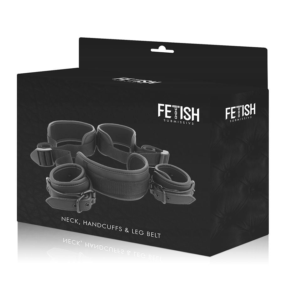 Packaging Neck Handcuffs and Leg Belt Fetish Submissive, boite noire presentant le harnais de position avec col et manchettes neoprene