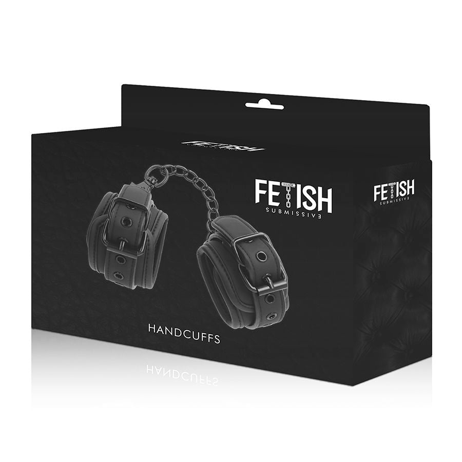 Packaging Handcuffs Fetish Submissive, boite noire presentant les menottes cuir vegan reliees par chaine metal, sans visuel anatomique
