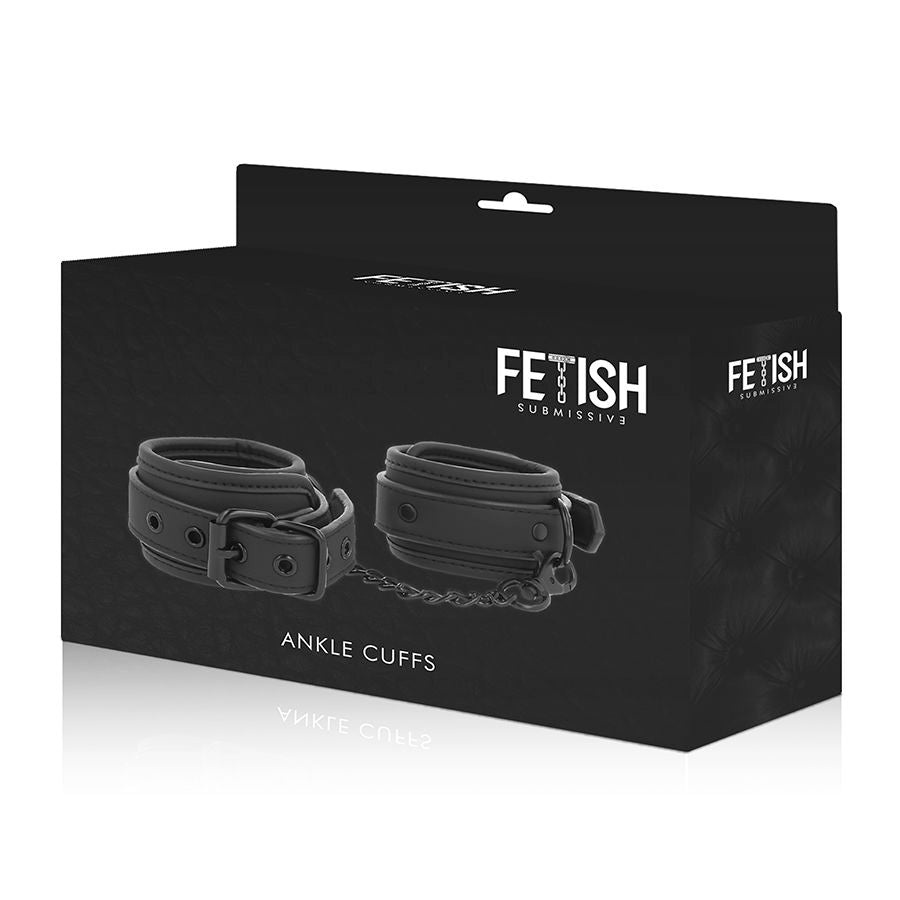 Packaging Ankle Cuffs Fetish Submissive, boite noire presentant les manchettes de cheville cuir vegetalien double neoprene, sans anatomie