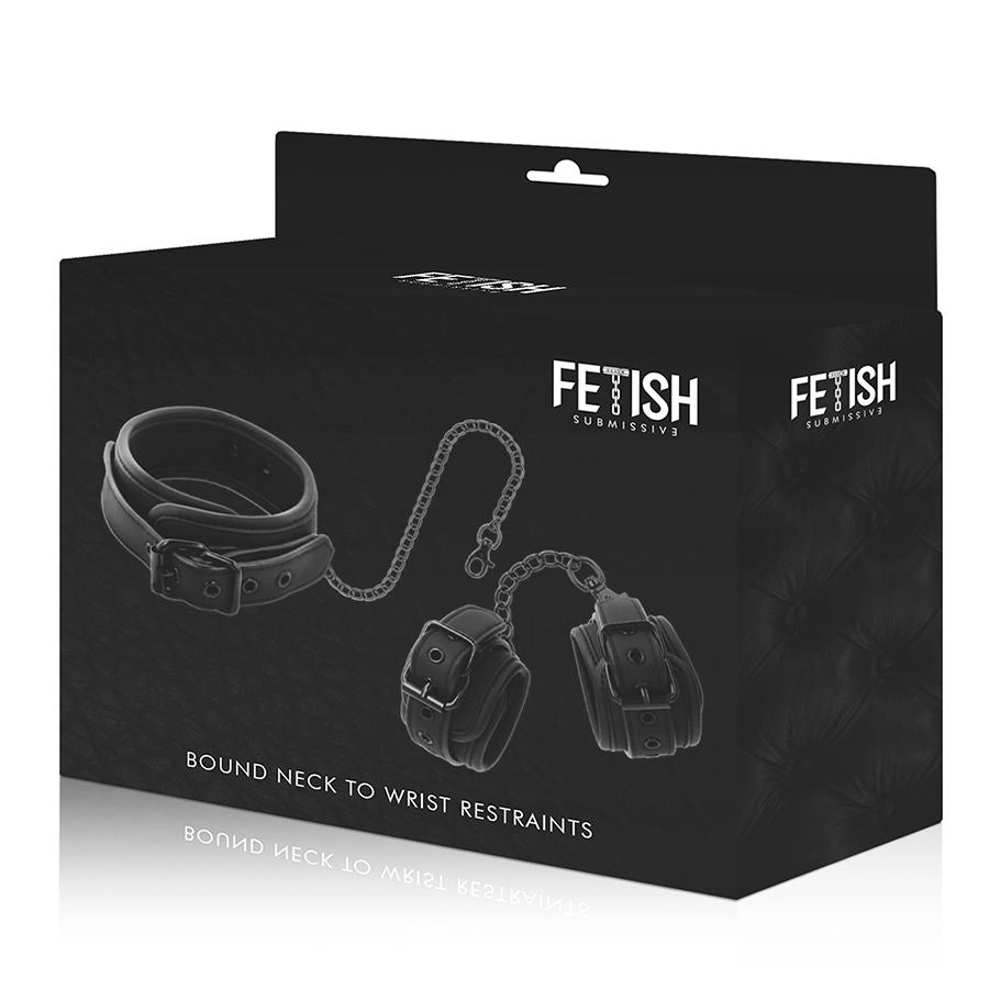 Packaging Round Neck to Wrist Restraints Fetish Submissive, boite noire presentant le set collier et menottes relies par chaine, sans anatomie