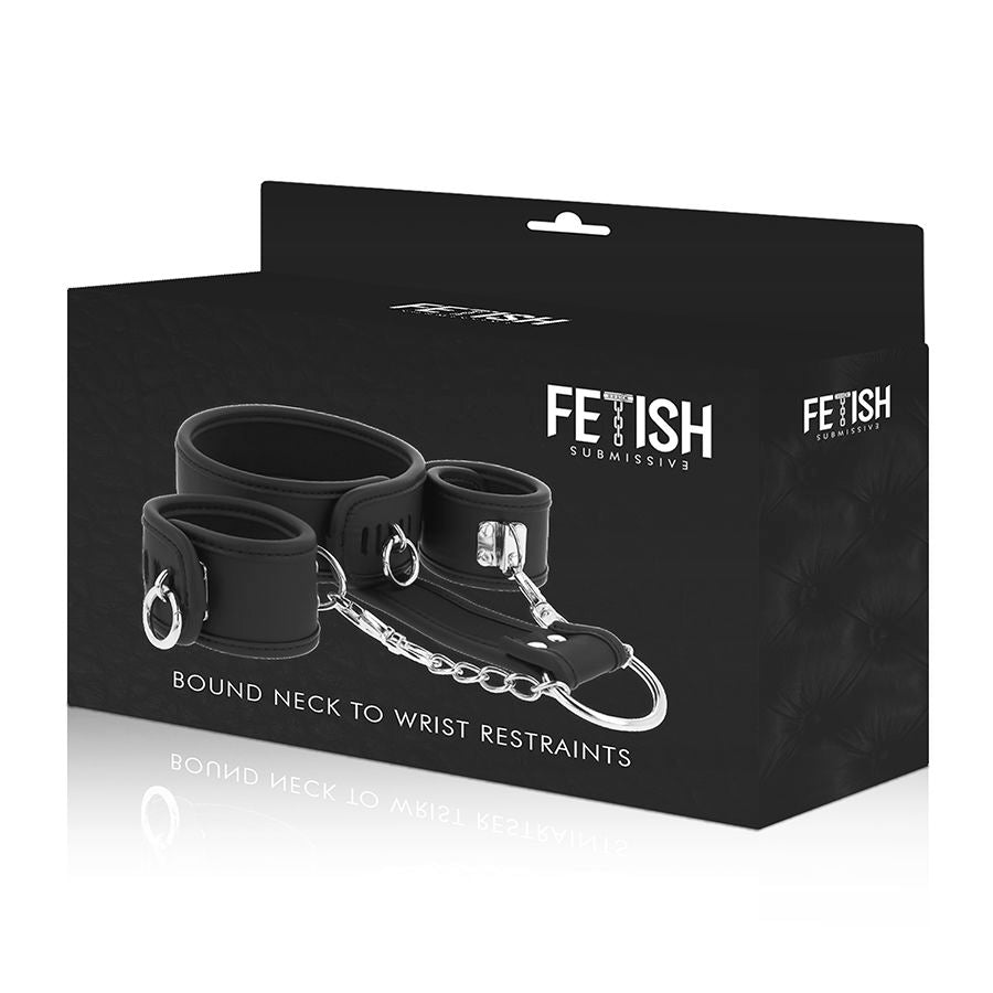 Boite Fetish Submissive Bound Neck To Wrist Restraints presentant les menottes en cuir vegan et leur chaine, ensemble de soumission reliant le cou aux poignets pour le bondage.