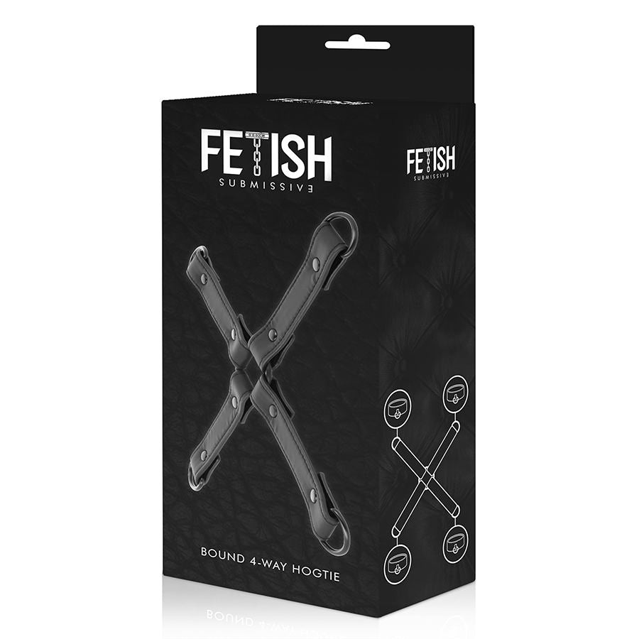 Boite Fetish Submissive Bound 4-Way Hogtie montrant le harnais croise en cuir vegan noir, packaging d'entrave 4 points pour relier poignets et chevilles en bondage.
