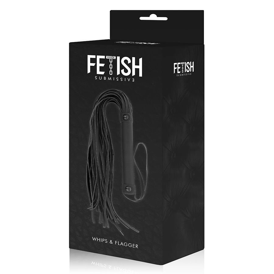 Boite Fetish Submissive Whips & Flogger illustrant la cravache en cuir vegan noir a lanieres, packaging d'accessoire de discipline pour la domination et soumission.