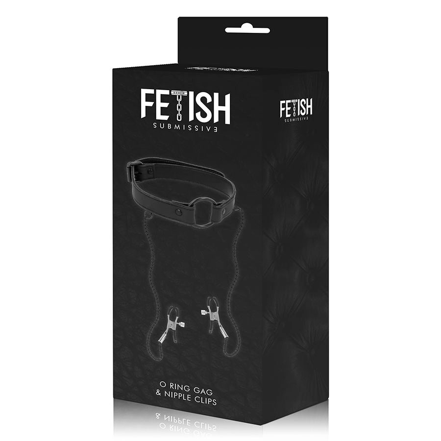 Boite Fetish Submissive O Ring Gag & Nipple Clips presentant le baillon anneau et ses pinces a tetons, packaging de l'accessoire de soumission buccale et mammaire.