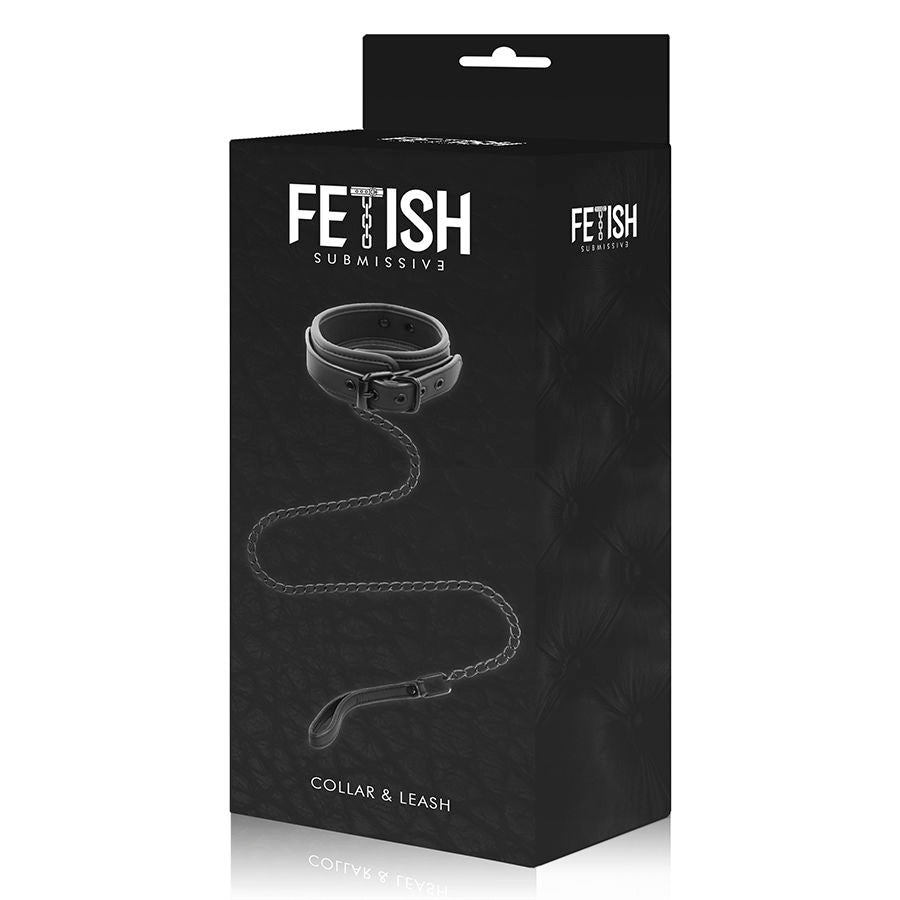 Boite Fetish Submissive Collar & Leash presentant le collier en cuir vegan noir et sa laisse a chaine, packaging de l'ensemble de domination et soumission.