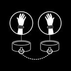 Schema d'usage des menottes Fetish Submissive : pictogrammes mains relies aux bracelets par chaine, illustration BDSM en trace blanc