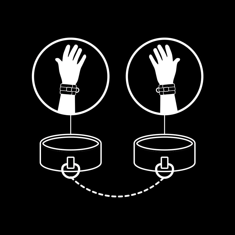 Schema d'usage des menottes Fetish Submissive : pictogrammes mains relies aux bracelets par chaine, illustration BDSM en trace blanc