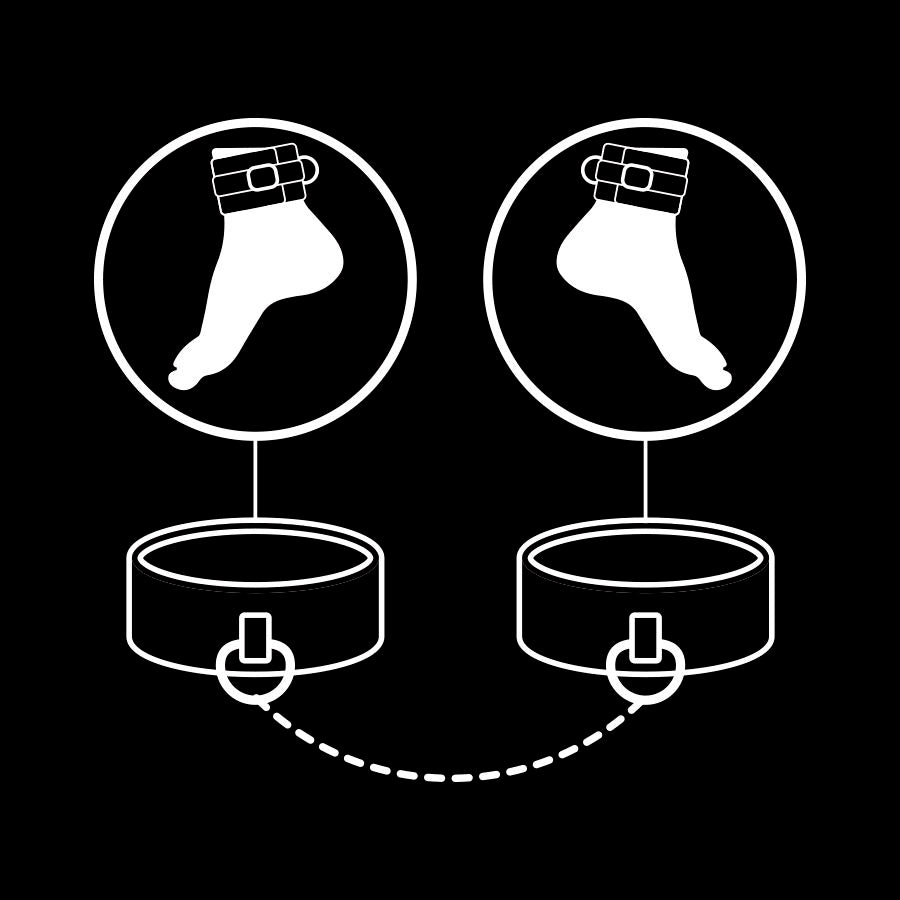 Schema d'usage des manchettes Fetish Submissive : pictogrammes pieds relies aux bracelets par chaine, illustration BDSM en trace blanc
