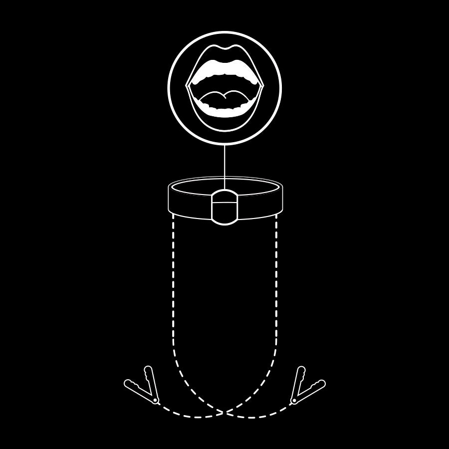Schema noir et blanc du baillon anneau Fetish Submissive illustrant le port buccal et les pinces a tetons reliees par chaines, pictogramme d'usage sans element anatomique.