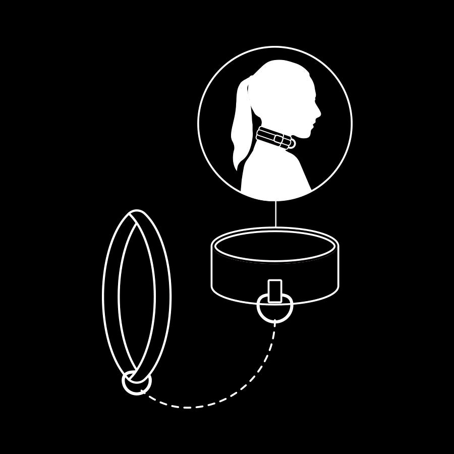 Schema noir et blanc du collier-laisse Fetish Submissive illustrant le port au cou relie a la laisse anneau, pictogramme d'utilisation sans element anatomique.