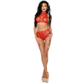 Ensemble Mona Me-Seduce en tulle rouge legerement translucide, haut court moulant et culotte burlesque, porte de face en pied, finition tressee main.