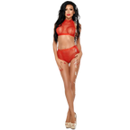 Ensemble Mona Me-Seduce en tulle rouge legerement translucide, haut court moulant et culotte burlesque, porte de face en pied, finition tressee main.