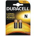 Blister Duracell de deux piles alcalines format N (LR1) 1,5 V vues de face, cylindre compact pour alarmes, horloges et systemes de deverrouillage.