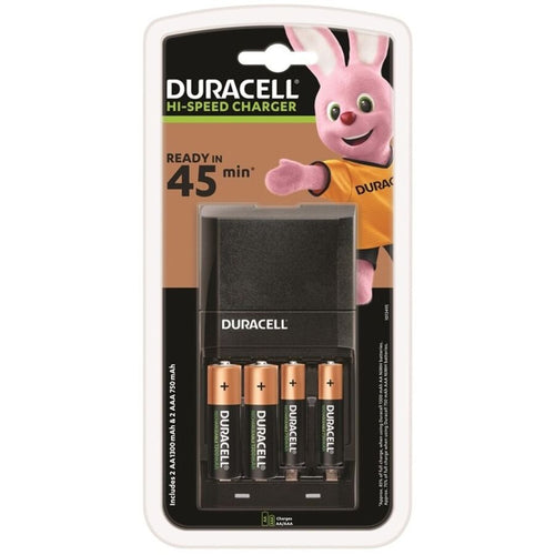 Chargeur rapide Duracell 45 minutes vu de face avec quatre piles rechargeables AA et AAA et indicateur LED, solution economique pour sextoys a piles.