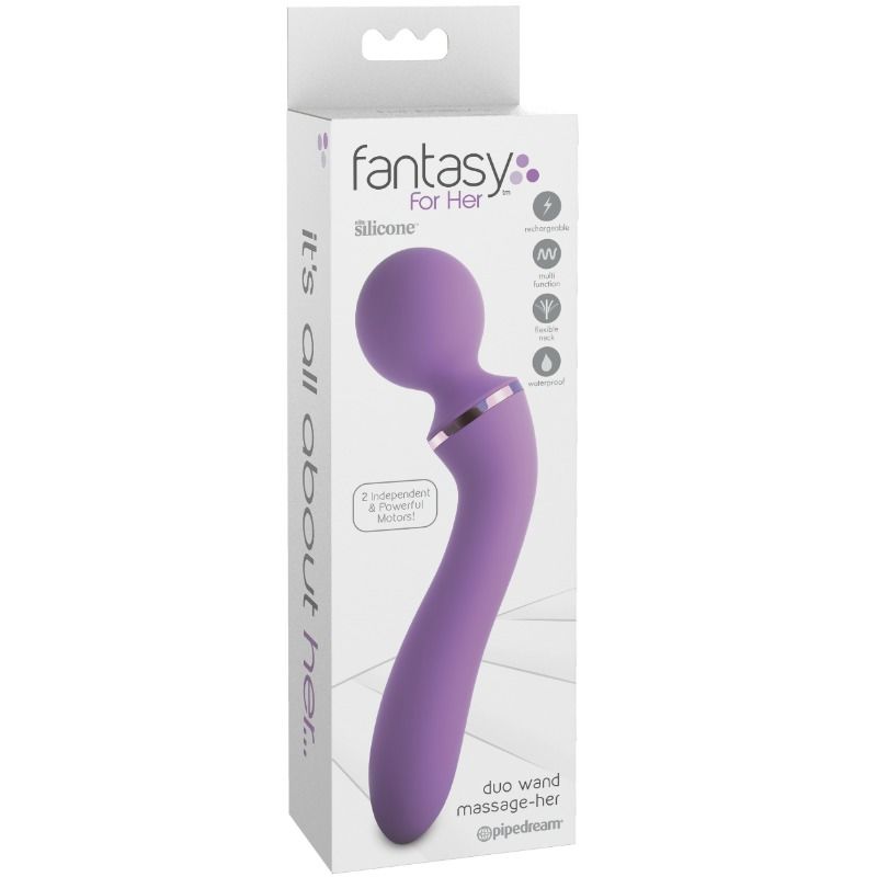 Emballage du Fantasy For Her Duo Wand Massage-Her, avec ses caracteristiques (2 moteurs independants, rechargeable, etanche)