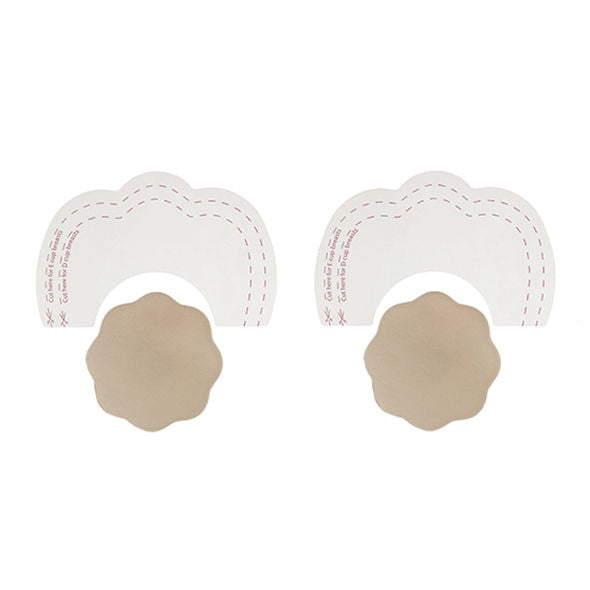 Rubans liftants Bye Bra a decouper selon le bonnet et couvre-mamelon petale beige a plat, kit adhesif en silicone pour rehausser la poitrine sans soutien-gorge.