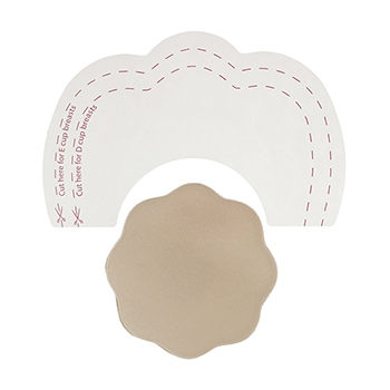Ruban liftant Bye Bra en arc et couvre-mamelon petale beige presentes a plat, kit adhesif en silicone pour galber et soutenir la poitrine en tenue dos nu.