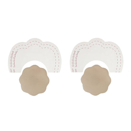 Rubans liftants Bye Bra a decouper et couvre-mamelon petale beige presentes a plat, kit adhesif en silicone pour rehausser la poitrine bonnet D a F.