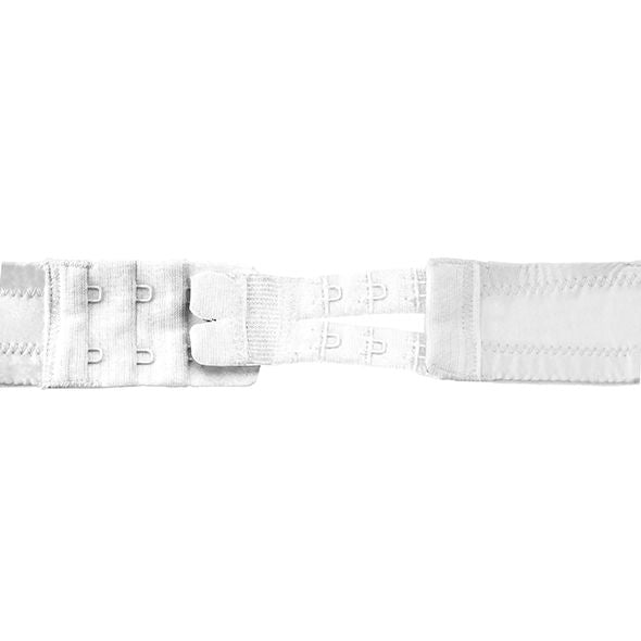Rallonge de contour blanche transparente a 2 crochets vue a plat, accessoire flexible et reutilisable pour elargir le tour de soutien-gorge.