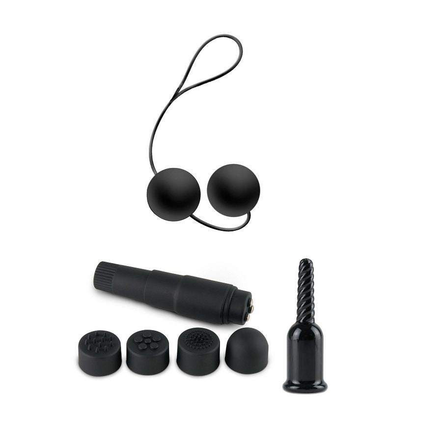 Detail du coffret BDSM : boules liees noires, mini vibreur cannele et embouts de stimulation interchangeables poses sur fond blanc.