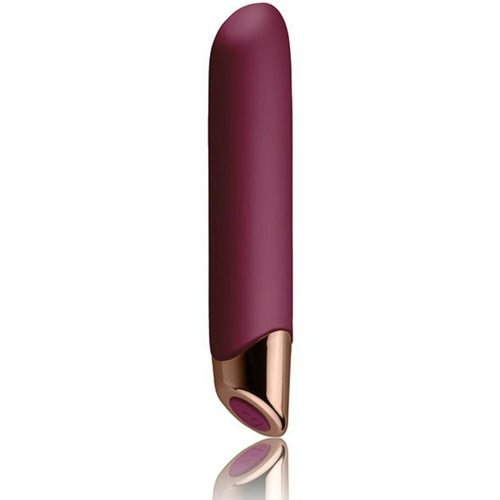 Vibromasseur point G Chaiamo bordeaux à pointe effilée et base dorée, corps en silicone velouté, stimulateur précis 10 niveaux vibration et pulsation étanche rechargeable.