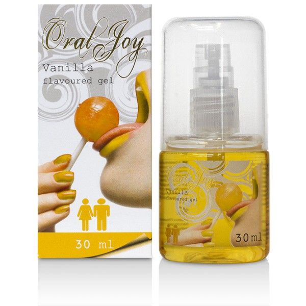 Boite Oral Joy saveur vanille 30 ml et son flacon pompe au gel jaune, gel gourmand pour le sexe oral, visuel main aux ongles vernis tenant un fruit