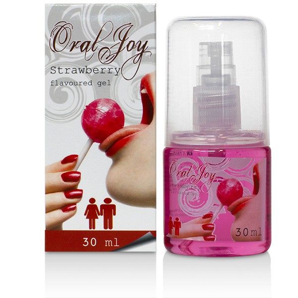 Boite Oral Joy saveur fraise 30 ml avec flacon pompe au gel rose, gel gourmand pour plaisirs oraux, visuel main aux ongles vernis tenant une sucette