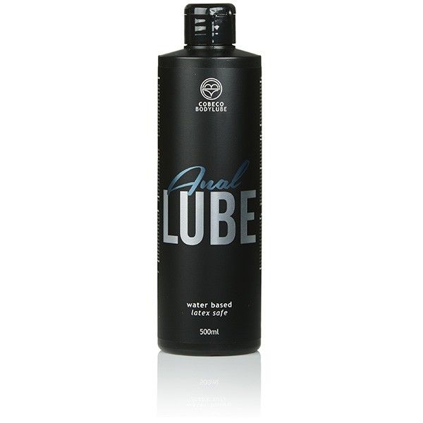Flacon Cobeco Anal Lube 500 ml vu de trois quarts, gros format economique, lubrifiant anal base eau glissant compatible latex water based latex safe