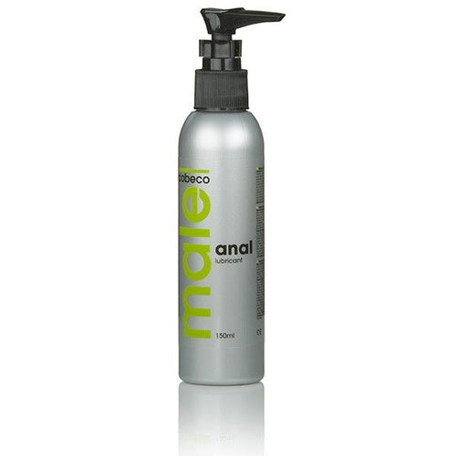 Flacon argente Male Anal lubricant 150 ml vu de profil, pompe noire, lubrifiant anal base eau hydratant pour le confort du jeu anal seul ou en couple