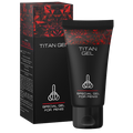 Tube et boîte Titan Gel à motif rouge facetté, mention « Special Gel for Penis »