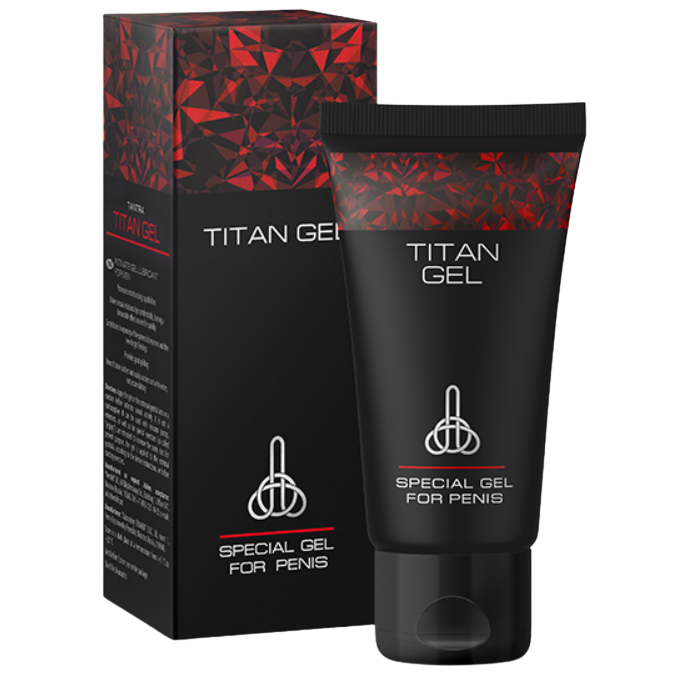 Tube et boîte Titan Gel à motif rouge facetté, mention « Special Gel for Penis »