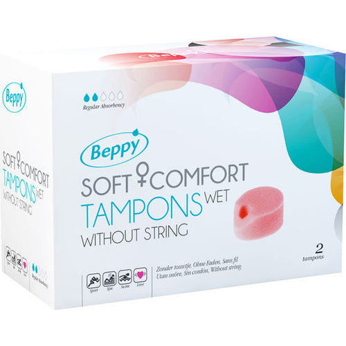 Boite Beppy Soft Comfort Tampons Wet sans fil de deux unites vue de face, gel glissant facilitant l'insertion, tampons hygieniques forme arrondie