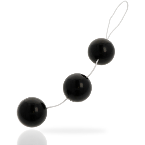 Chapelet anal Addicted toys en ABS noir lisse, trois boules brillantes reliees par un cordon avec anneau de retrait, longueur totale 15 cm pour debuter en douceur.