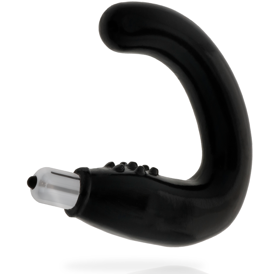 Masseur de prostate Addicted toys vibrant en TPR noir, forme courbee avec bille vibrante chromee a la base, cible prostate, anus et perinee alimente par pile.