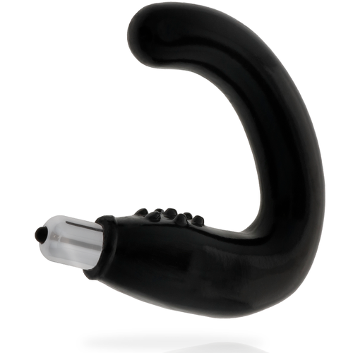 Masseur de prostate Addicted toys vibrant en TPR noir, forme courbee avec bille vibrante chromee a la base, cible prostate, anus et perinee alimente par pile.