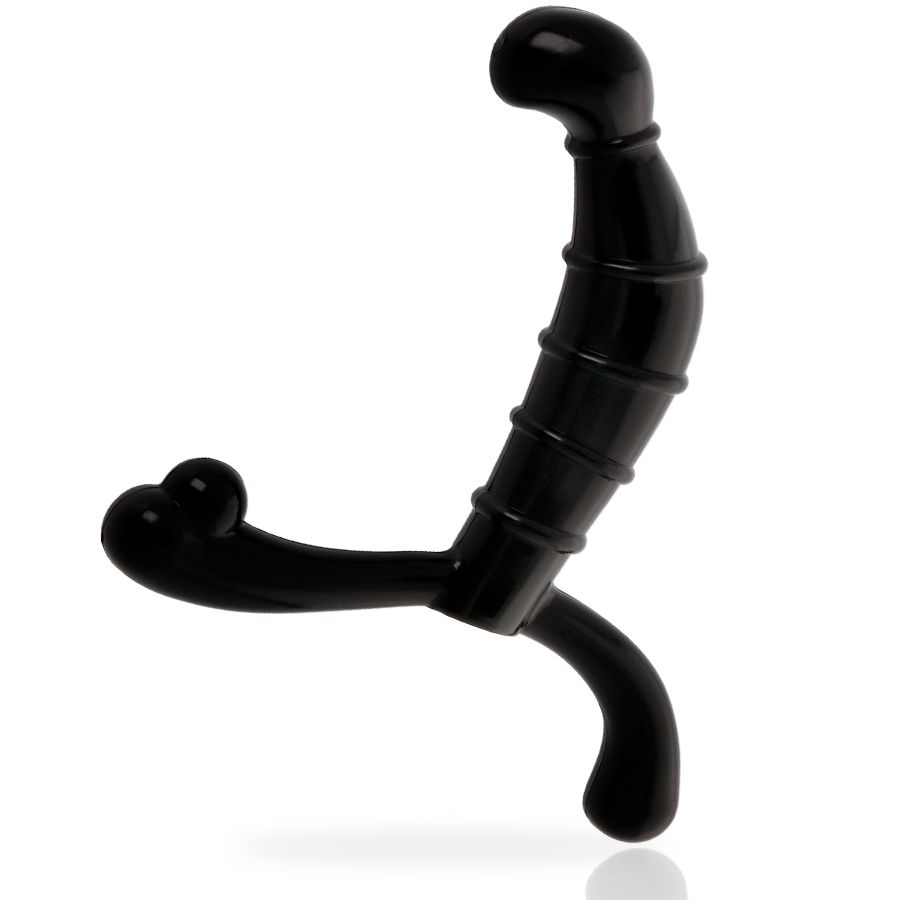 Stimulateur prostate Addicted toys en TPR noir, tige annelee courbee avec poignee externe et appui perineal, 11,3 cm pensee pour la prostate masculine.