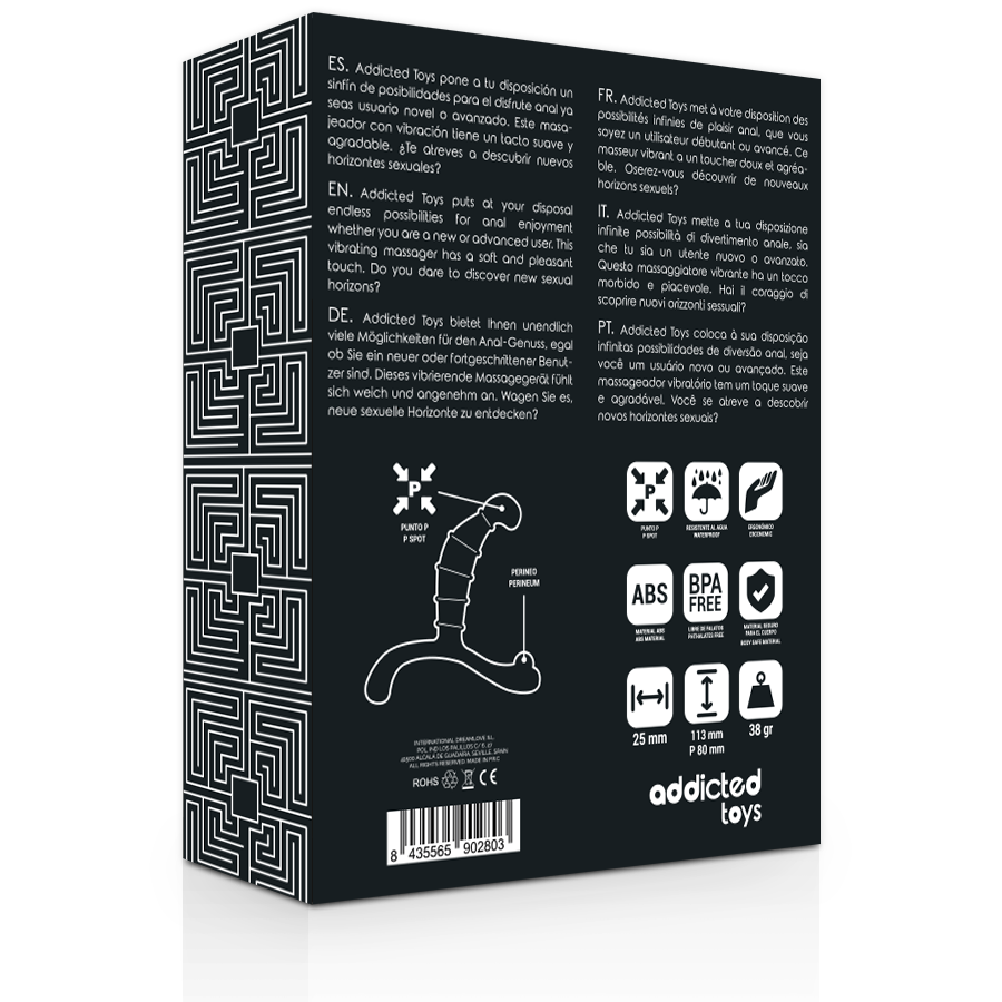 Boite Addicted toys du stimulateur prostate, dos avec pictogrammes ABS et schema technique 11,3 cm, accessoire anal masculin pour le point P.